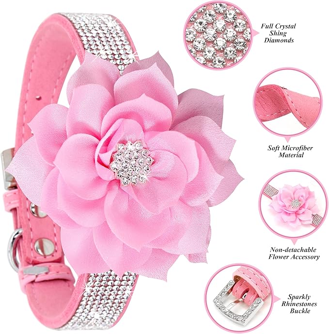 PET ARTIST Bling Rhinestone Dog Collar, Cute & Soft Suede Leather Dog Collar Girl with Flower, Sparkling Pink Pet Collars for Small Medium Female Dogs Walking Party Wedding,S