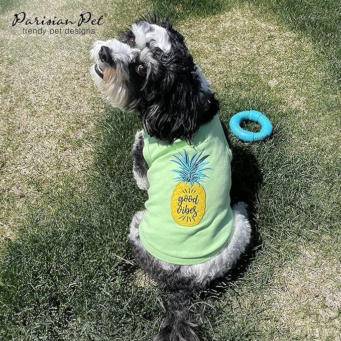 Parisian Pet Dog Tshirt - Embroidered “ Good Vibes “ Tank Top - 100% Cotton and Lightweight Dog Clothes - Sleeveless Tee Shirts - Machine Washable Shirt for Large Dogs - Pet Vest - L