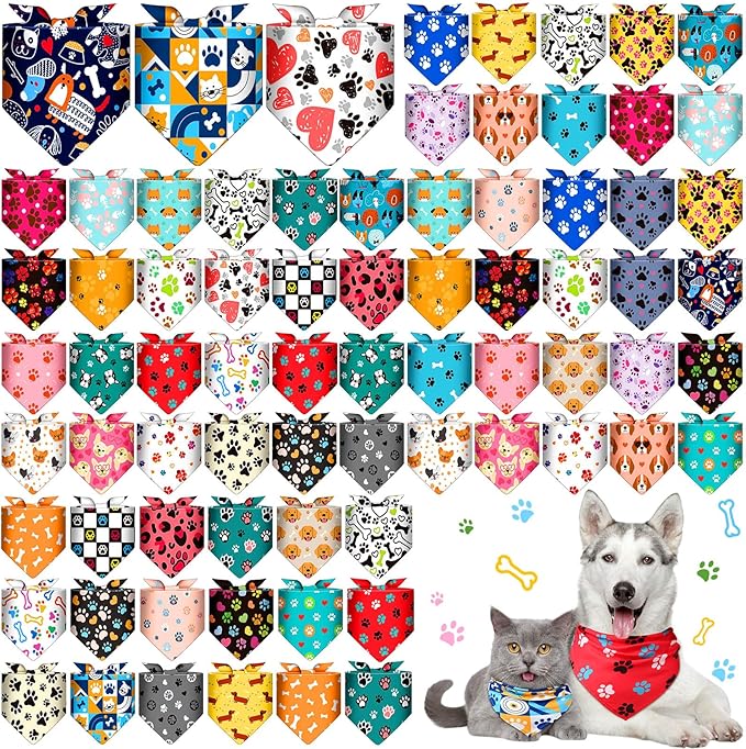 72 Pcs Dog Bandanas Bulk for Summer Adjustable Washable Pet Triangle Scarf Soft Kerchief Bib for Summer Holiday Pet Costume Accessories (Dog Paw Print)