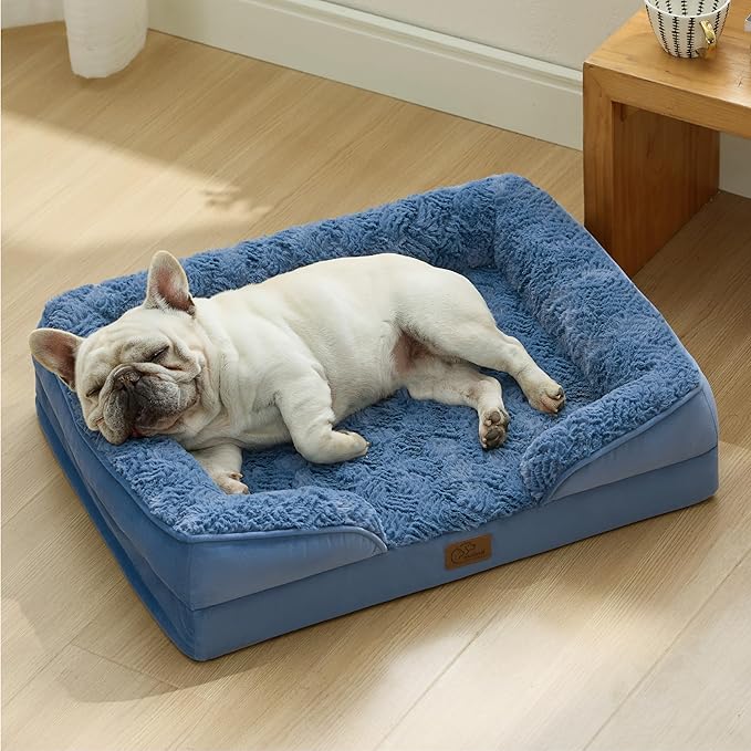 Bedsure Orthopedic Dog Bed for Medium Dogs - Calming Dog Sofa Beds Medium with Luxurious Plush Washable, Pet Couch Bed with Removable Washable Cover, Waterproof Lining and Nonskid Bottom, Blue