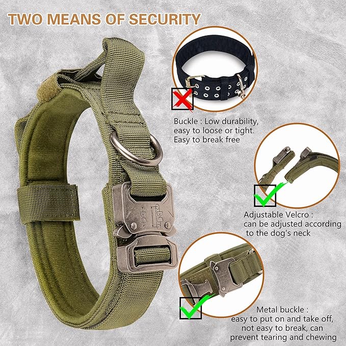 KCUCOP Tactical Dog Collar with Handle,Adjustable Military Dog Collar with Metal Buckle and Patches,Heavy Duty Dog Collars for Medium and Large Dogs (Militarygreen-L)