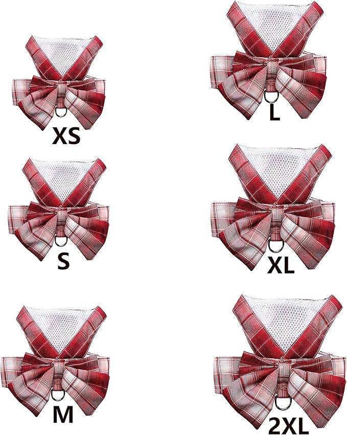 Plaid Dog Dress Bow Tie Harness Leash Set,Dog Clothes Harness Dress with Leash Ring for Small Dogs Girl, Puppy Princess Rabbit Clothes Chihuahua Yorkies Pet Outfits (Red, Large)