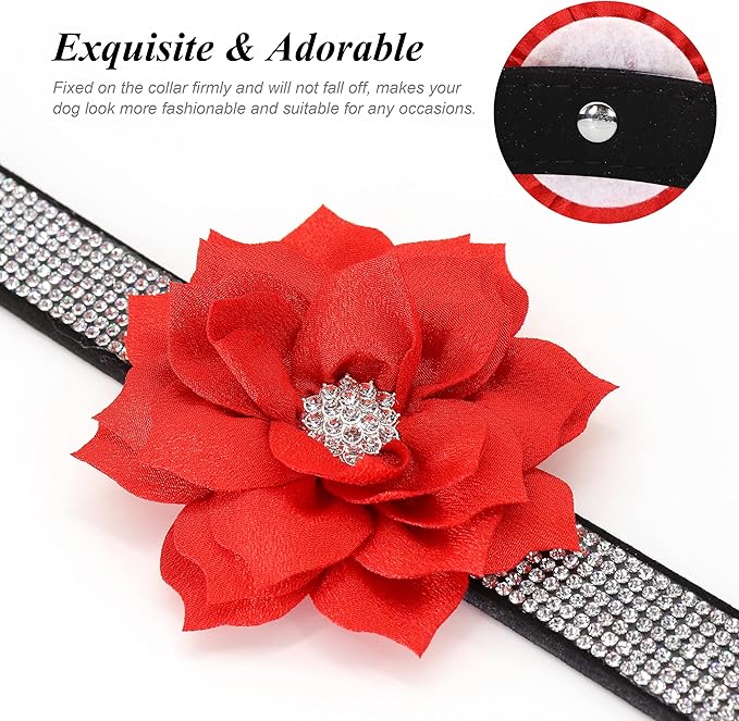 PET ARTIST Bling Dog Collar with Flower, Soft Suede Leather Dog Collar Girl with Sparkling Rhinestone, Cute Red Pet Collars for Small Medium Female Dogs Walking Party Wedding,M