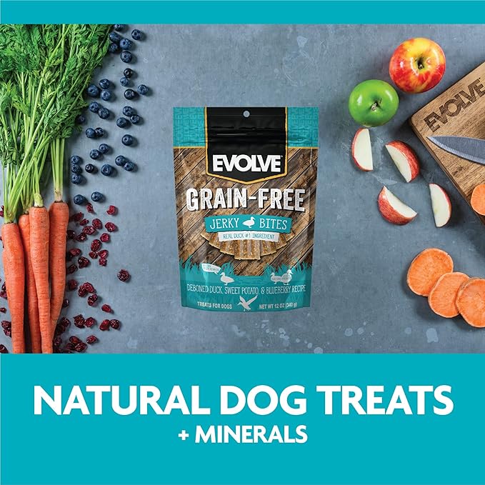 Evolve Grain Free Duck, Pea and Blueberry Jerky Bites Dog Treats (Pack of 2)