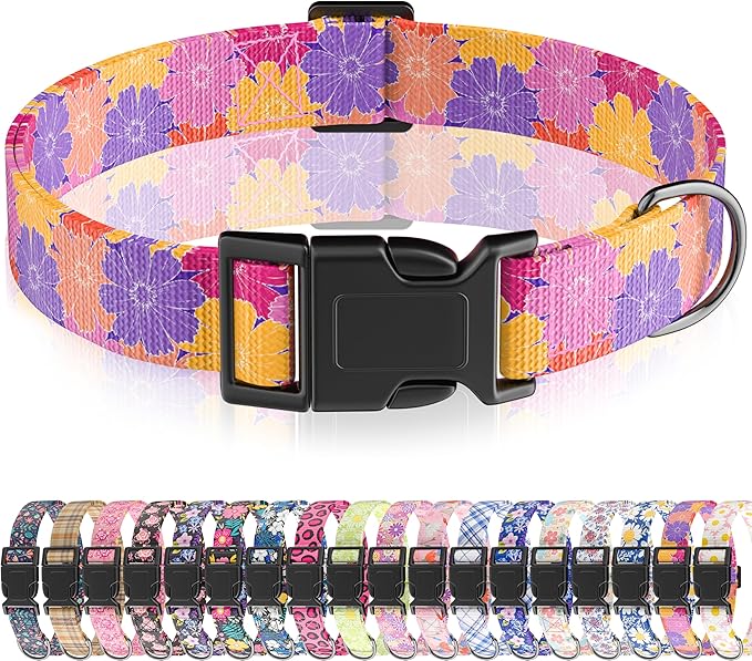 Dog Collar, Cute Floral Puppy Collar for Boys Girls Small Medium Large Dogs, Adjustable Soft Pet Collar Fancy Floral with Quick Release Buckle for Males Females, Colourful Floral,XS