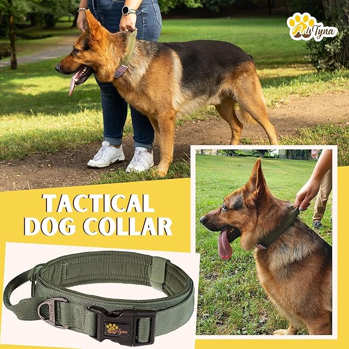 ADITYNA Tactical Dog Collar for Large Dogs - Soft Padded, Heavy Duty, Service, Adjustable Military K9 Green Collar with Handle for Training and Walking