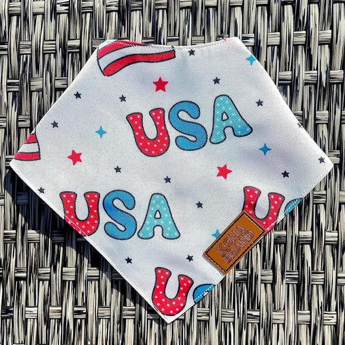 KonaBrandCo- Premium Handmade Dog Bandana | Dual Layered Silky Durable Polyester Fabric | Adjustable Fit Custom Shape- Won't Roll (Large, TEDDY- USA FLAG)