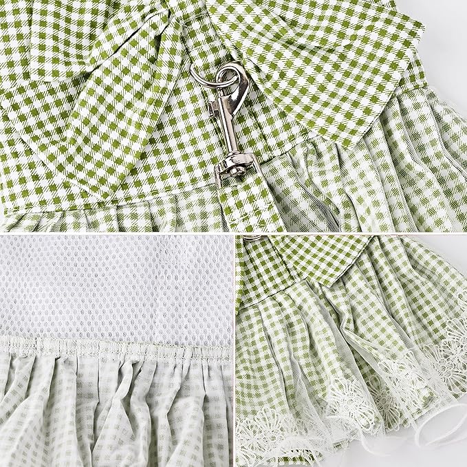 Dog Dress Plaid with Bowknot Cute Dress for Small Dog Cat Puppy Outfits with Harness Leash（ Green，X-Small ）