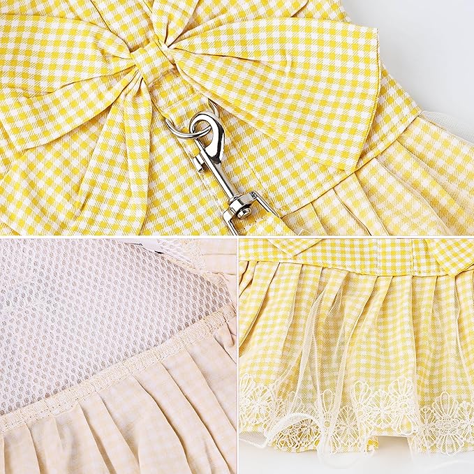 Dog Dress Plaid with Bowknot Cute Dress for Small Dog Cat Puppy Outfits with Harness Leash（ Yellow，Medium ）