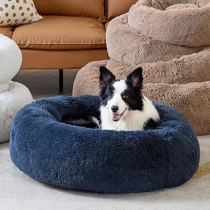 Bedsure Calming Dog Bed for Large Dogs - Donut Washable Large Pet Bed, 36 inches Anti Anxiety Round Fluffy Plush Faux Fur Dog Bed, Fits up to 100 lbs Pets, Navy
