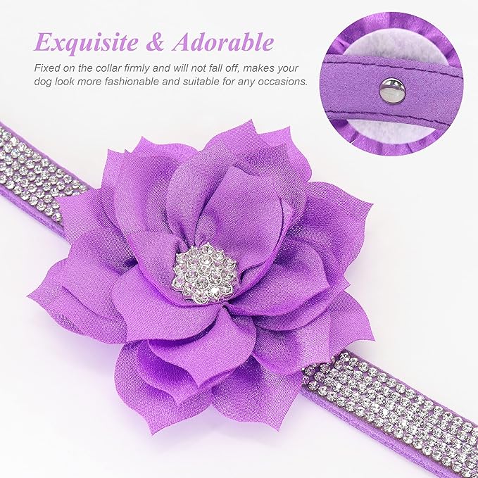 PET ARTIST Rhinestone Dog Collar and Leash Set, Sparkling Girl Dog Collars with Bling Diamonds, Soft Leather Purple Puppy Collars with Cute Flower for Small Dogs Cats Walking Party Wedding,XS