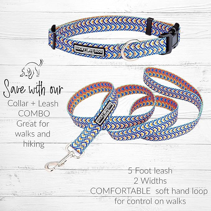 Lucky Love Dog, Bold Matching Dog Collar and Leash Set, Soft & Adjustable, Geometric Pattern Collar and Leash for Male Female Dogs - (Medium, Murphy Combo)
