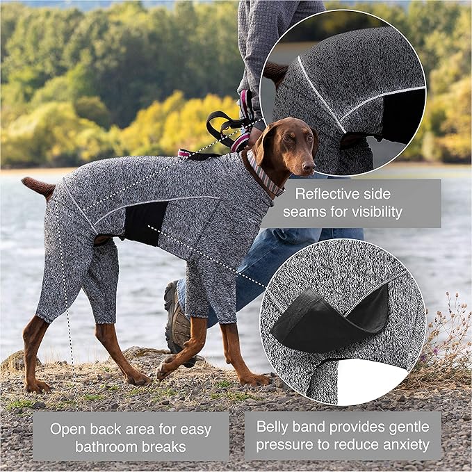 Kurgo Dog Onesie Body Warmer, Bodysuit for Dogs, Recovery Suit, Pet Pajamas, Reduce Anxiety, Contains Shedding, Leash Opening, Reflective, Stowe Base Layer, Heather Black/Grey (Medium)