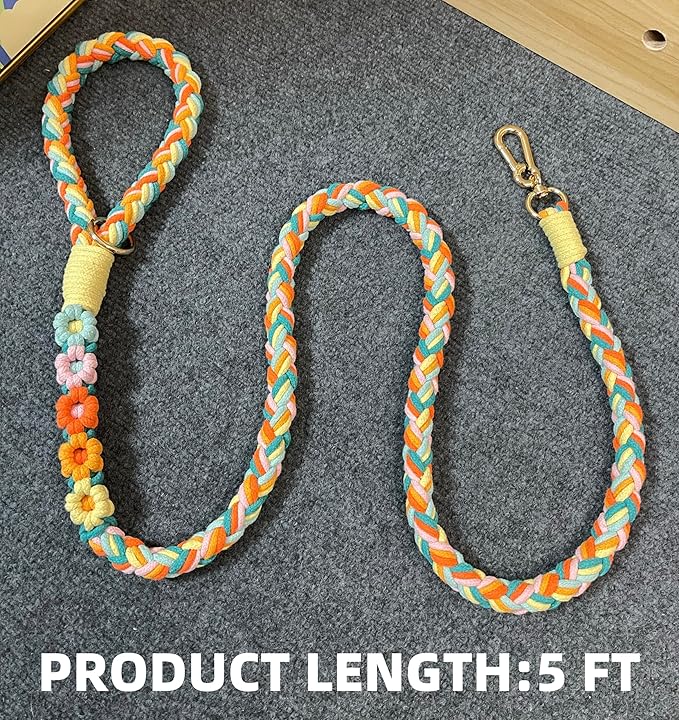 Handmade 5ft Braided Cotton Dog Leash with Unique Floral Handle, Durable and Stylish, Ideal for Small to Large Dogs,Rainbow Mix