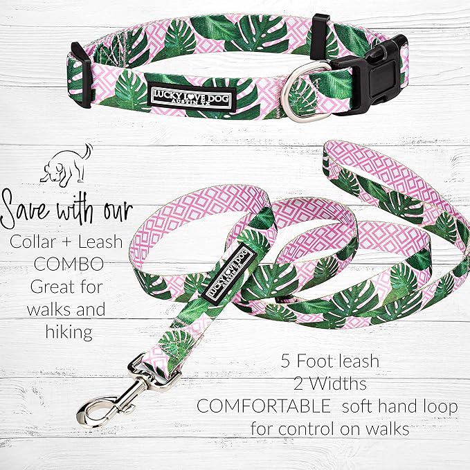 Lucky Love Dog, Tropical Matching Dog Collar & Leash Set, Soft & Comfy, Vivid Pink Color Collar and Leash for Female Male Dogs - (Medium, Laguna Combo)