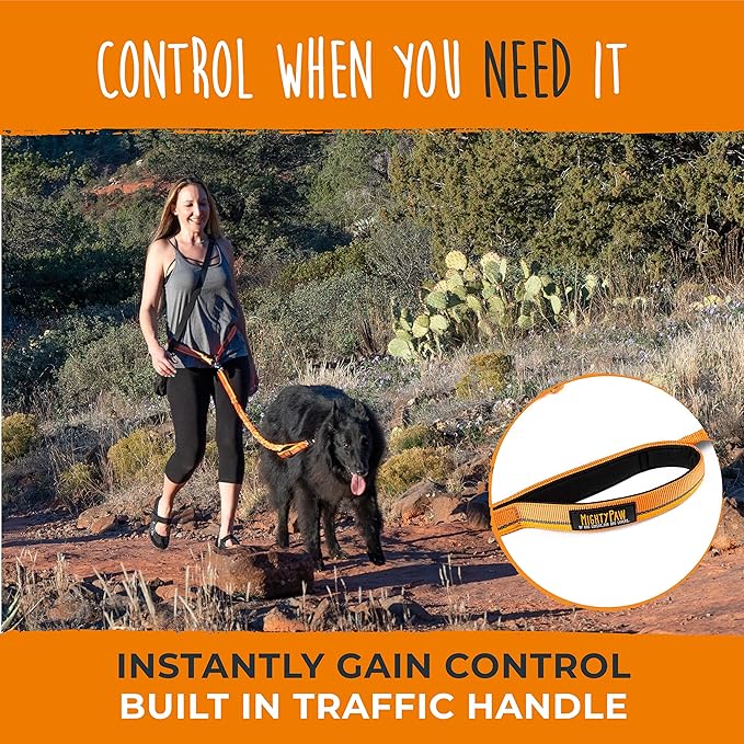 Mighty Paw Hands Free Dog Leash | Bungee Waist Leash for Dog Walking. Pet Running Hands Free Tether for Large, Medium & Small Breeds. Pet Waist Belt (36" - 48") Up to 150 lbs - Orange