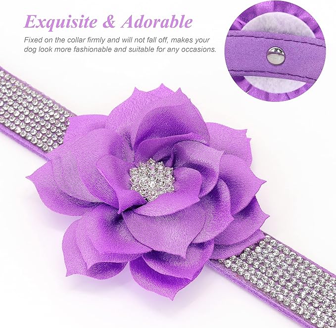 PET ARTIST Sparkling Rhinestone Dog Collar with Cute Flower, Soft Suede Leather Female Dog Collar, Bling Girl Pet Collars for Small Medium Dogs Walking Party Wedding,M