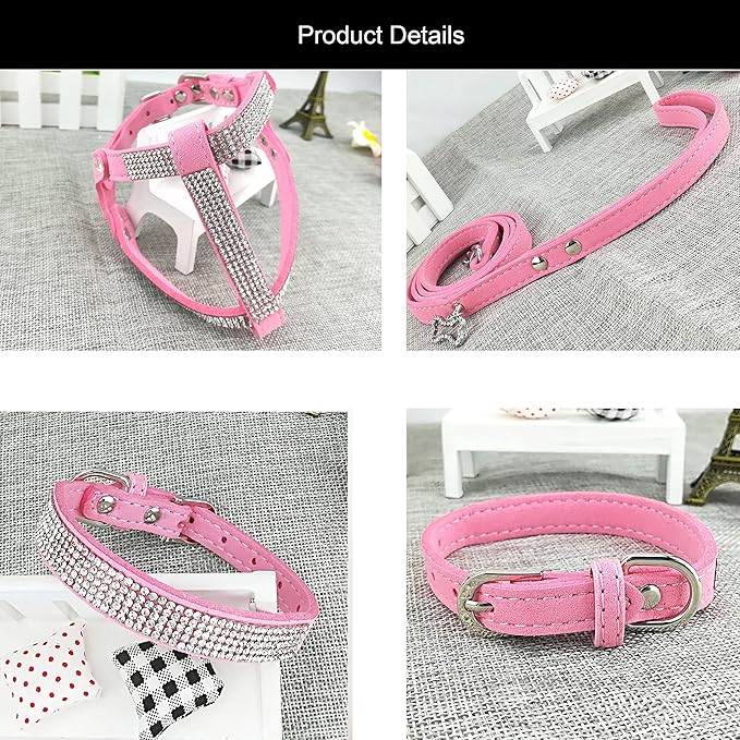 Dog Collar & Harness & Lead Sets Fashion Dog Collar Diamante with Harness & Leashes Comfortable Soft Collar Harness and Leashes Set for Dog - Pink - XS