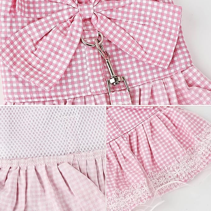 Dog Dress Plaid with Bowknot Cute Dress for Small Dog Cat Puppy Outfits with Harness Leash（ Pink，X-Large ）