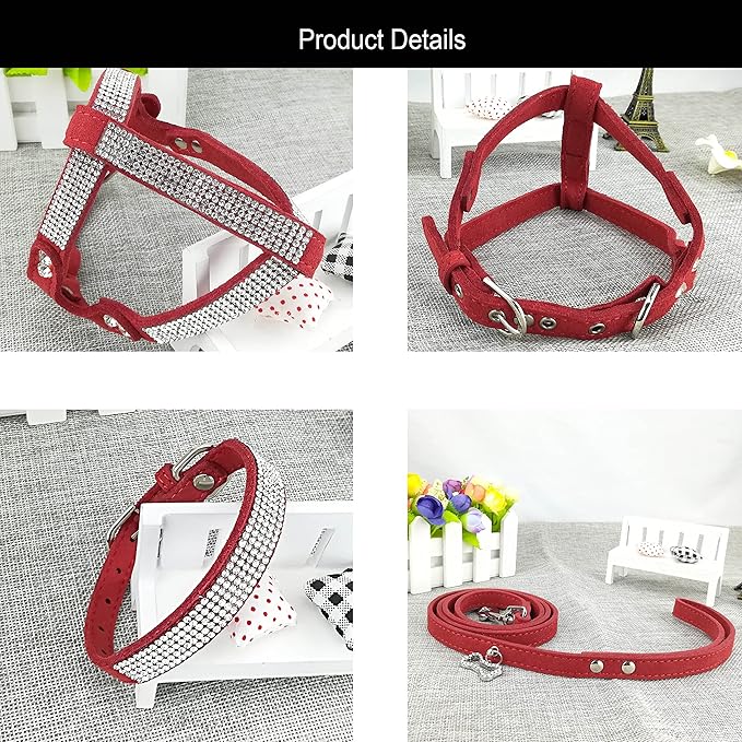 Dog Collar & Harness & Leads Sets Fashion Dog Collar Diamante with Harness & Leashes Comfortable Soft Collar Harness and Leashes Set for Dog - Red - S