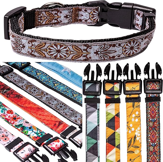 Dog Collars for Small Medium & Large Dogs - Female and Male Patterns on Long Lasting, Adjustable, Strong and Durable Puppy Quick Release Buckle, White Woven Collar