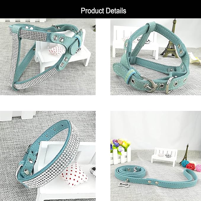 Dog Collar & Harness & Lead Sets Fashion Dog Collar Diamante with Harness & Leashes Comfortable Soft Collar Harness and Leashes Set for Dog - Blue - L