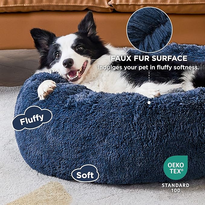 Bedsure Calming Dog Bed for Large Dogs - Donut Washable Large Pet Bed, 36 inches Anti Anxiety Round Fluffy Plush Faux Fur Dog Bed, Fits up to 100 lbs Pets, Navy