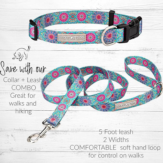 Lucky Love Dog, Boho Chic Matching Dog Collar and Leash Set, Vivid Pink and Turquoise Collar and Leash for Dogs, Soft, Adjustable, Safe for Training and Walking - (Large, Clara Combo)