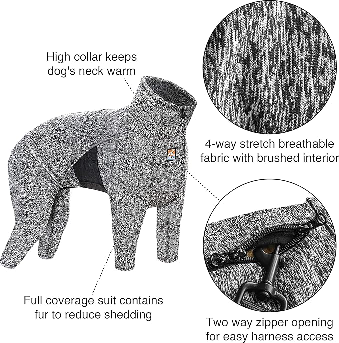 Kurgo Dog Onesie Body Warmer, Bodysuit for Dogs, Recovery Suit, Pet Pajamas, Reduce Anxiety, Contains Shedding, Leash Opening, Reflective, Stowe Base Layer, Heather Black/Grey (Large)