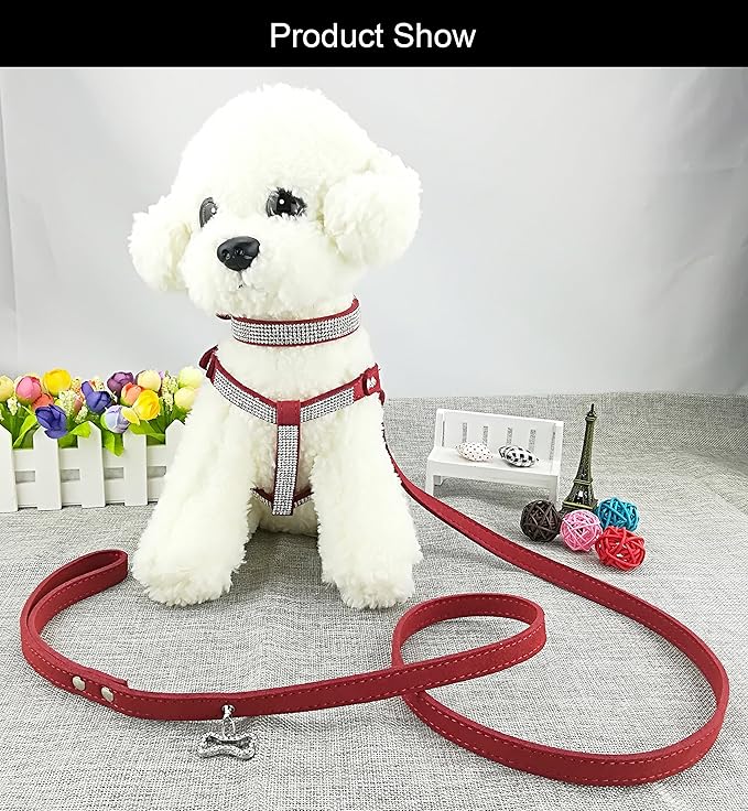 Dog Collar & Harness & Lead Sets Fashion Dog Collar Diamante with Harness & Leashes Comfortable Soft Collar Harness and Leashes Set for Dog - Red - M