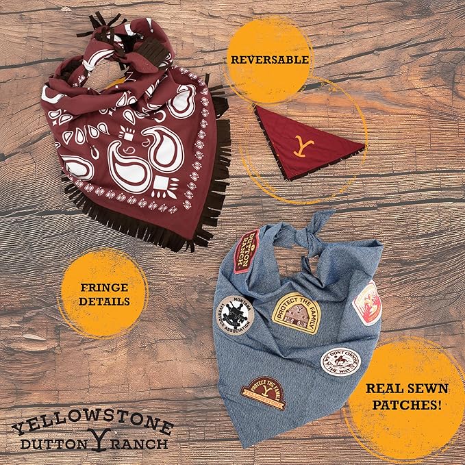 Official Yellowstone Merchandise| Dutton Ranch Dog Bandanas Set - Premium Pack of Western Bandanas for Medium - Large Dogs | Premium Reversible Bundle